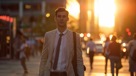 a young man walking on a bustling city streetの素材