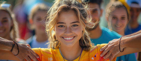 Multicultural young people stacking hands outsideの素材