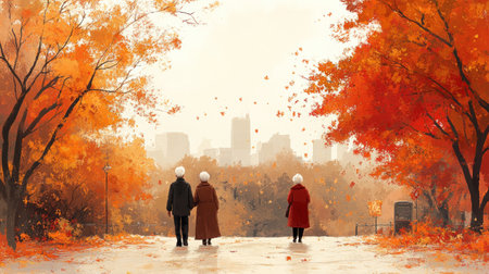 A serene park scene for International Day of Older Persons, depicting elderly friends enjoying a leisurely stroll among vibrant autumn foliage, emphasizing friendship and vitality. --ar 16:9 --stylize 750 --v 6.1 Job ID: 06b07fe1-3094-418a-9101-c48c16017c6aの素材