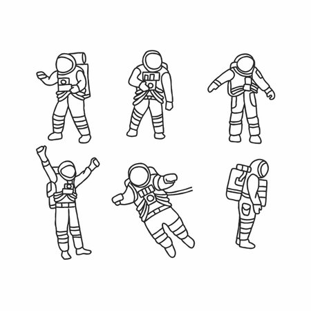 Six simple line drawings of astronauts in different posesのイラスト素材