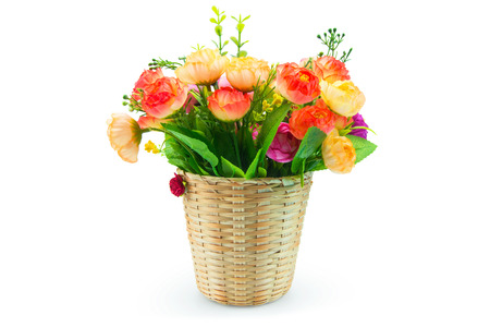 Basket of flowers isolated on white backgroundの写真素材