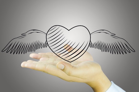 Heart e angel wing on Human handの写真素材