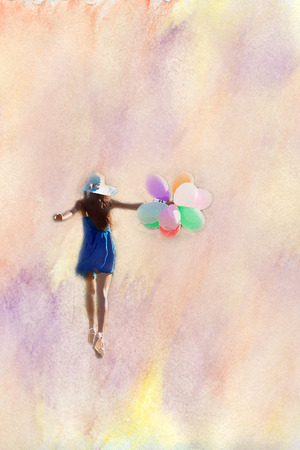 Slim beautiful girl in hat with balloons is going along a dusty road. Vintage filterの写真素材