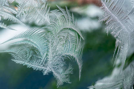 Beautiful intricate patterns of frost on the glass in a cold winter day. Russia