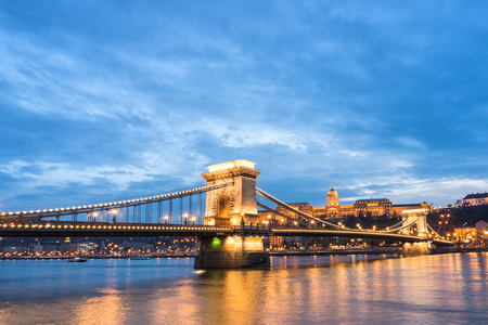 budapest chain bridge at sunsetの写真素材