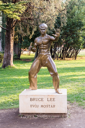Mostar, Bosnia and Herzegovina - Mart 9, 2017. Bruce Lee statue in Mostar city parkのeditorial素材