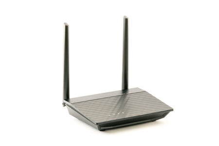 Black Wireless internet network  Router with two antenna isolated on white background. With clipping path. Design element.