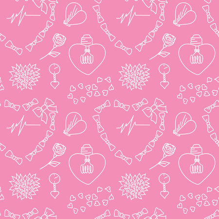 Seamless doodle pattern with hearts, pink backgroundのイラスト素材