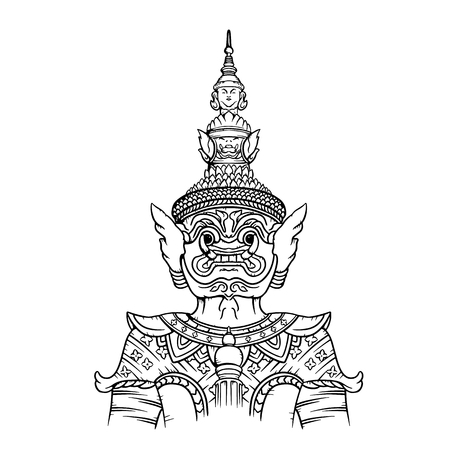Giant guardian statue Thailand illustration. Giant statue line drawingのイラスト素材