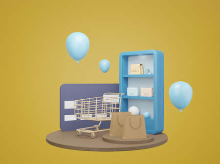Shopping Online on website. mobile application online shopping. delivery and parcel box. 3D renderingの写真素材