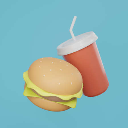 Hamburger and soda water 3d rendering. food 3d illustrationの写真素材