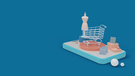 Shopping Online model on mobile phone. mobile application. delivery and stand podium. 3D rendering