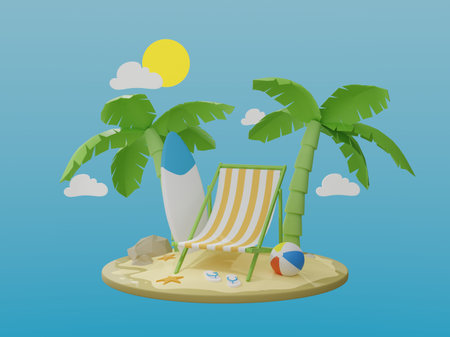 Vacation and travel concept. palm tree and beach chair on a paradise islandの写真素材