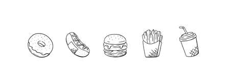 Fastfood set. Vector illustration. Hand drawn unhealthy foodのイラスト素材