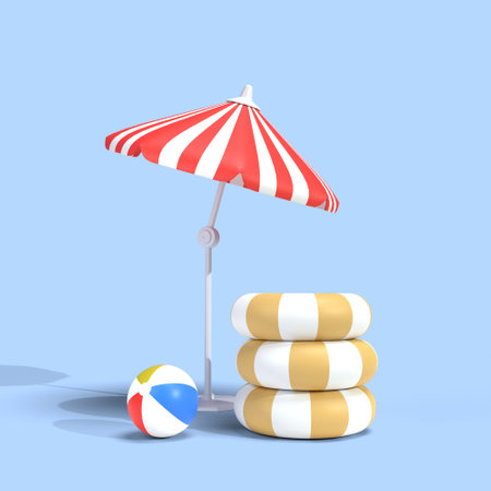 Summer banner. umbrella beach ball with beach ring. concept of vacation. 3D illustration