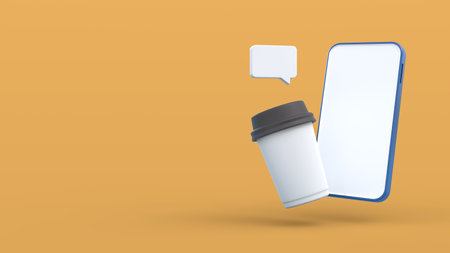 3D Coffee. Coffee with mobile app and chat box. 3D renderingの写真素材