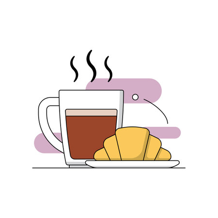 Coffee line art. Hot coffee with croissants simple icon design concept. vector illustrationのイラスト素材