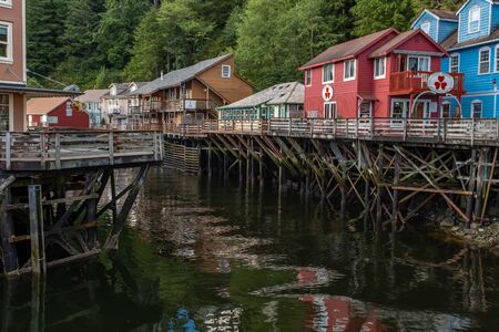 Ketchikan, Alaska, USA, August, 15, 2018: The historic and infamous Creek Street area of Ketchikan, very popular with tourists that arrive on the cruise ships, beautiful sunny day bright coloursのeditorial素材
