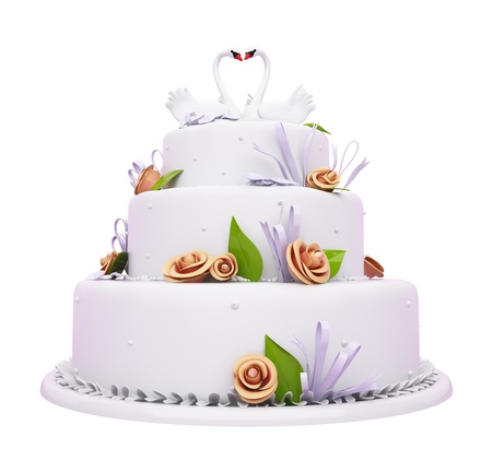 Beautiful Wedding cake with roses and swans isolated over whiteの写真素材