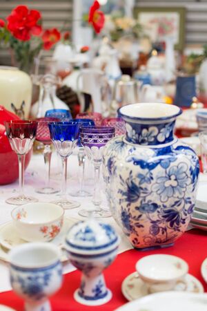 blue vase and wineglassesの写真素材