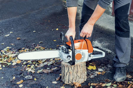 Man's hand starts chainsaw starter to back yard