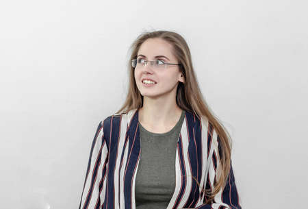 Attractive girl points left.の写真素材