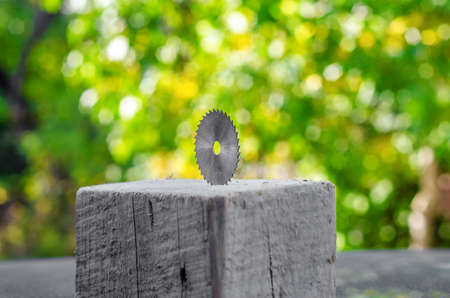 small circular saw in a wooden bar. Cutting tool for joinerの写真素材