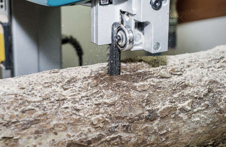 Cutting a log into boards using band saw. Joinery. Raw wood Wooden crafts. Work at the factory.
