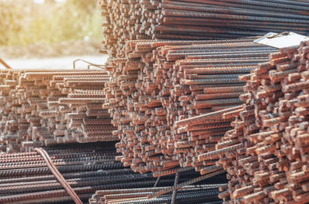Metal building reinforcement folded at construction site, prepared for construction, end viewの写真素材