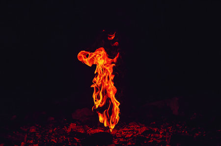 Red fire burning flame. Pillar of fire at nightの写真素材