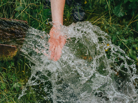 Man collects clean transparent spring water from spring in forest. Hands with cold fresh water, iron dam.の写真素材
