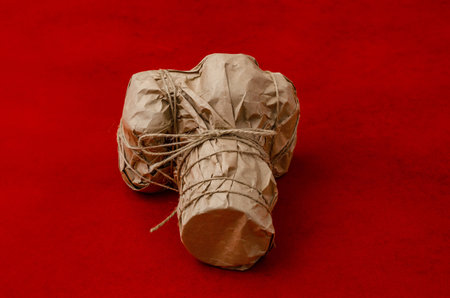 Digital camera wrapped in craft paper rewound with cord on red background. Gift, surprise, packaging. copyspace.の写真素材