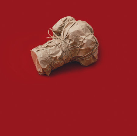 Digital camera wrapped in craft paper rewound with cord on red background. Gift, surprise, packaging. copyspace.の写真素材