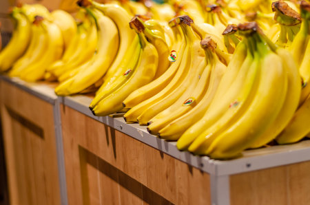 View of yellow bananas lying in supermarket. selective focus.の写真素材