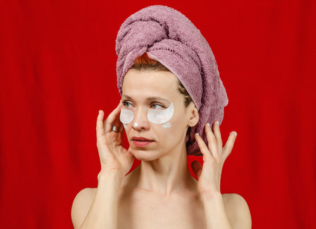 Portrait of dream woman posing on red background. She does beauty treatments in towel on her head. patches under eyes. Look away. Cosmetology.の写真素材