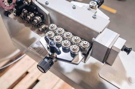 Part of equipment for production of automotive wiring. industrial background. close-up view.