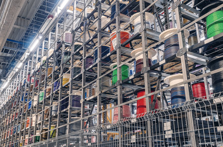 Colored cable wound on spools. Metal shelves with colored spools of cable at factory.
