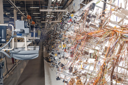Side view of production room with stands for manufacture of electrical wiring for cars in modern...