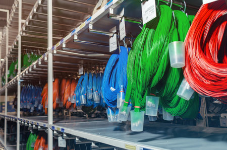 Showcases with wound colored cables for car production. industrial detailsの写真素材