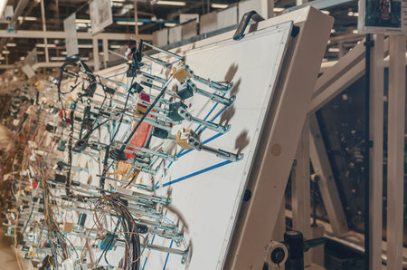 Stands with cables at machine-building plant. production background.の写真素材