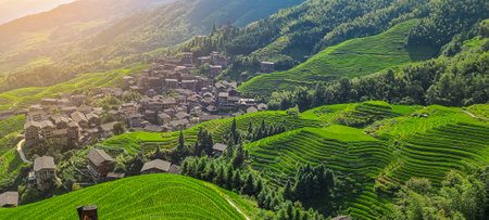village in the mountains. Terraced fields. China. picturesque landscape. panorama.