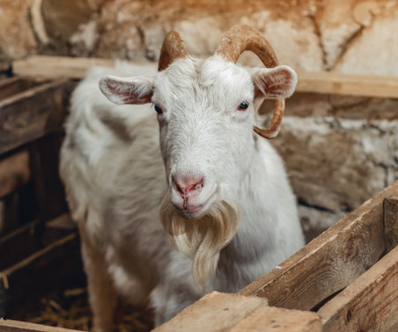 white goat of the Zaanen breed on a dark background in the barn window. profile photoの写真素材