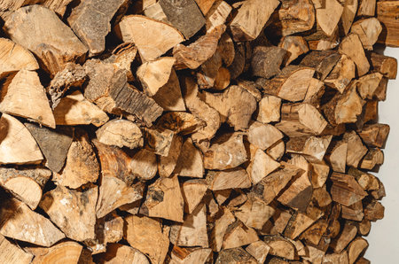 stack of neatly stacked firewood is dried under a canopy in the open air. background design. cover.