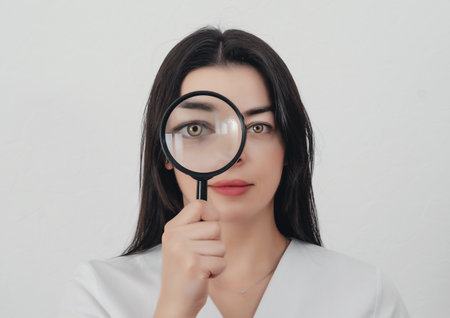 The woman looks into the magnifying glass. one eye enlargedの写真素材
