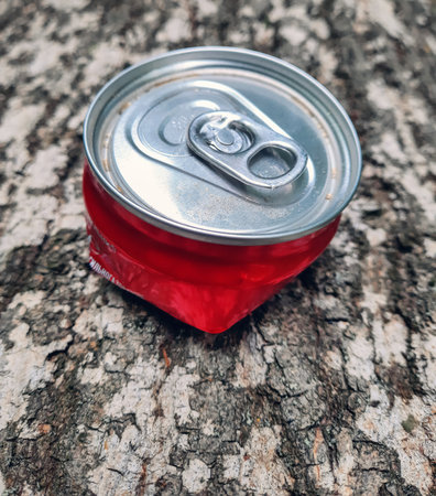Crushed aluminum can from carbonated drink. Food packaging waste. Pollution of nature