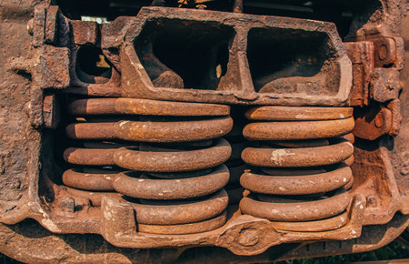 Shock absorbers of old railway carriage close-up.の写真素材