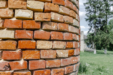 Old red brick column, weathering bricks.の写真素材