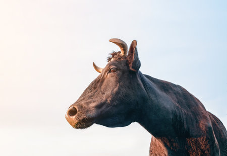 Portrait of a cow, head turned to the leftの写真素材