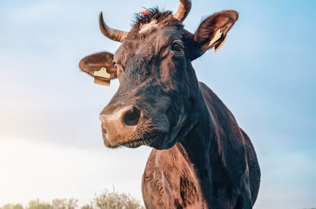 Portrait of a cow in the rays of the evening sun. Cow bowed her head to the sideの写真素材