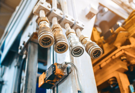 Pipe fittings for connecting high-pressure hoses in an industrial unit in a factoryの写真素材